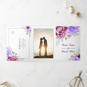 Purple watercolor flowers floral photo wedding Tri-Fold invitation