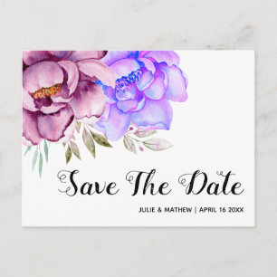 Purple watercolor flowers floral Save the Date Postcard