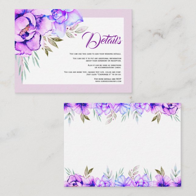 Purple watercolor flowers floral wedding details enclosure card (Front/Back)