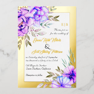 Purple watercolor flowers floral wedding gold foil