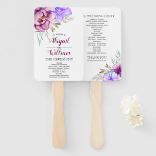 Purple watercolor flowers floral wedding program hand fan