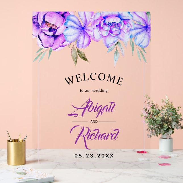 Purple watercolor flowers floral wedding WELCOME Acrylic Sign (Wedding)