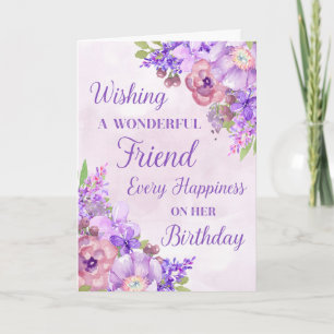 Purple Watercolor Flowers Friend Birthday Card