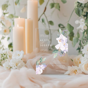 Purple Watercolor Flowers & Greenery Wedding Acrylic Invitations