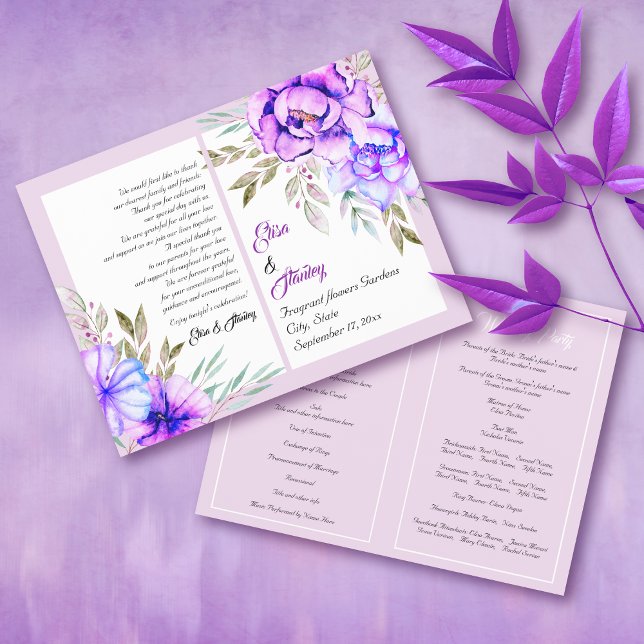 Purple watercolor flowers lilac wedding program (Creator Uploaded)