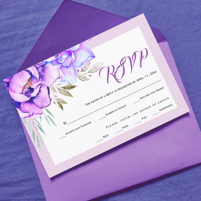 Purple watercolor flowers lilac wedding RSVP card (Creator Uploaded)
