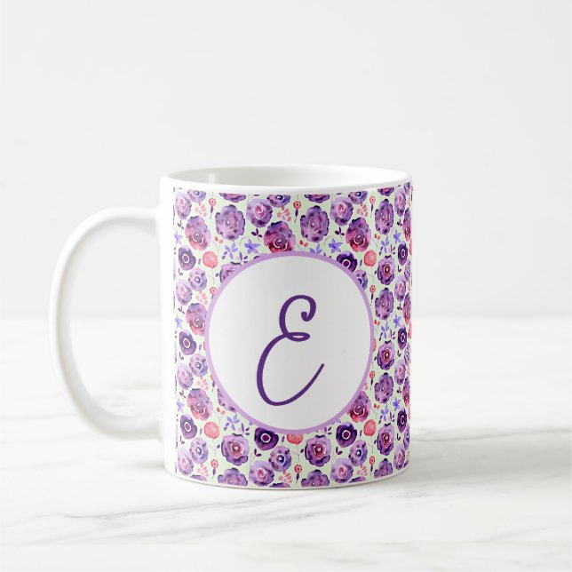 Purple watercolor flowers pattern monogram coffee mug (Left)