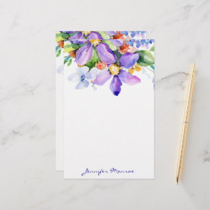 Purple watercolor flowers personalised stationery
