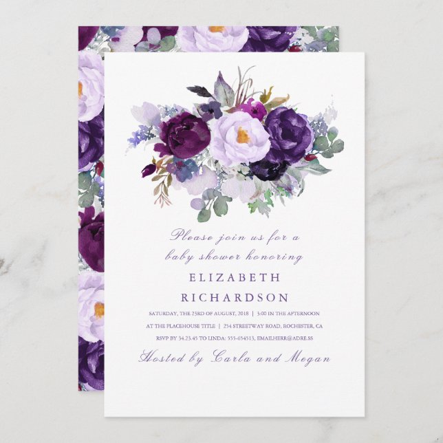 Purple Watercolor Flowers Romantic Baby Shower Invitation (Front/Back)