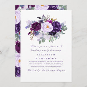 Purple Watercolor Flowers Romantic Birthday Party Invitation