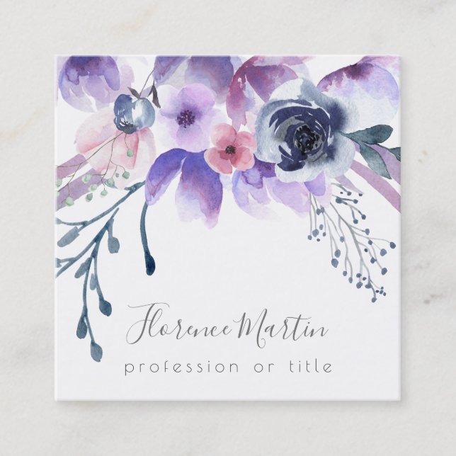 purple watercolor flowers square business card (Front)