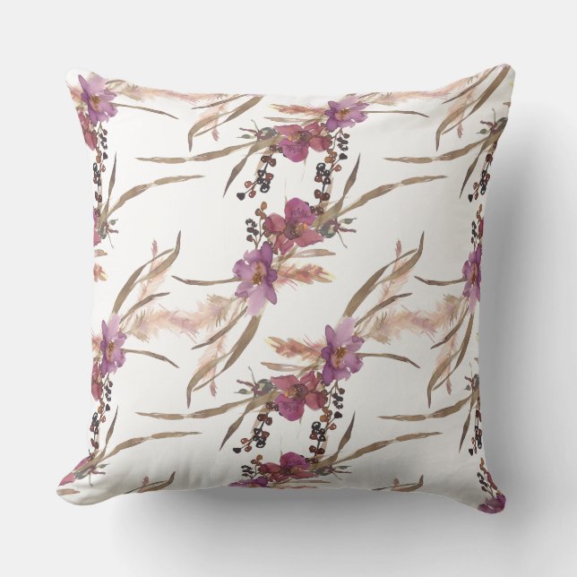 Purple Watercolor Flowers Throw Pillow (Front)
