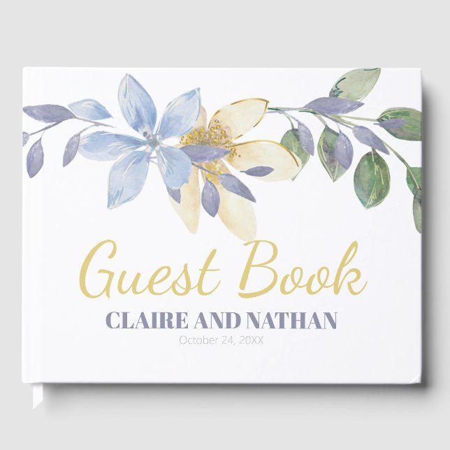 Purple Watercolor Flowers Wedding Guest Book (Front)
