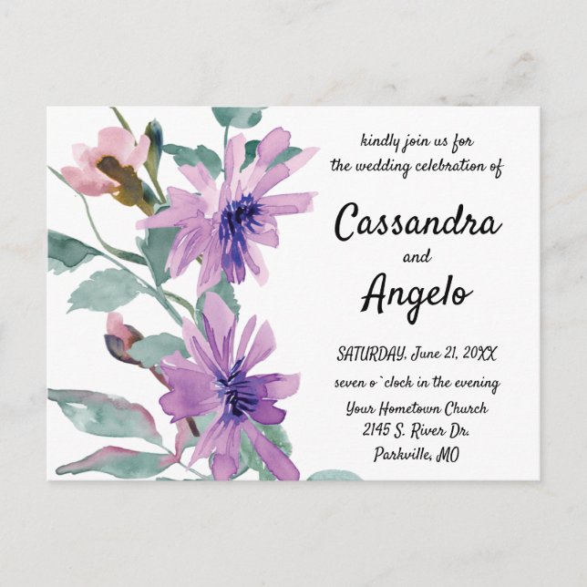 Purple Watercolor Flowers Wedding Postcard (Front)