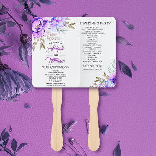 Purple watercolor flowers wedding program hand fan