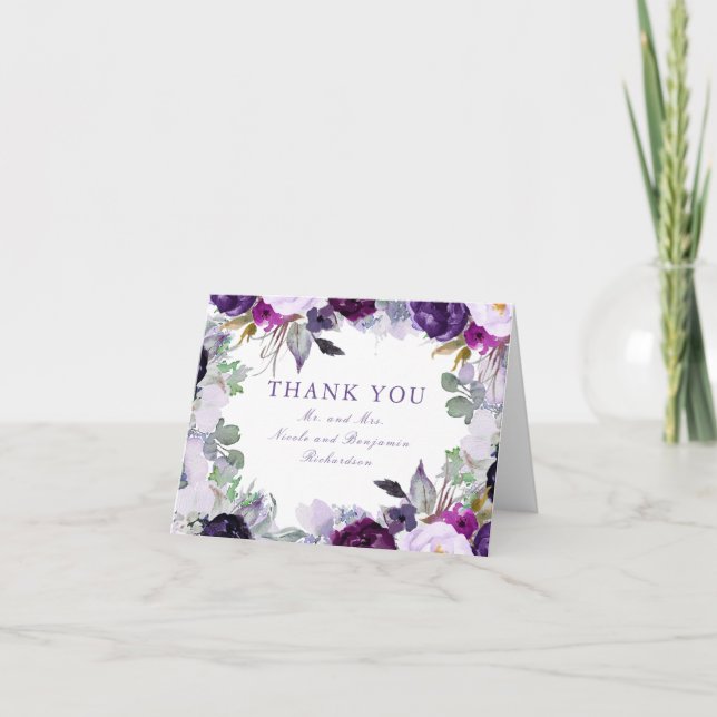 Purple Watercolor Flowers Wedding Thank You Card (Front)