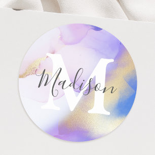 Purple Watercolor Glam Personalised Name Monogram Classic Round Sticker