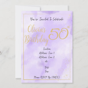 Purple Watercolor & Gold Border Birthday Invitation