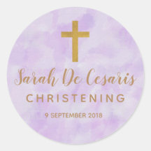 Purple Watercolor Gold Cross Christening sticker