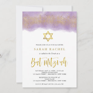 Purple Watercolor   Gold Faux Glitter Bat Mitzvah Invitation