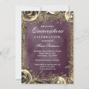 Purple Watercolor Gold Glitter Floral Quinceanera Invitation