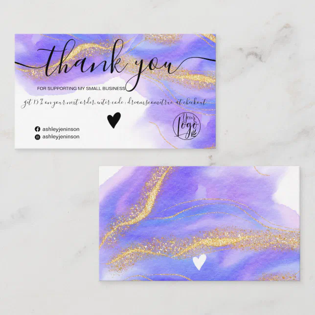 Purple watercolor gold glitter order thank you business card | Zazzle