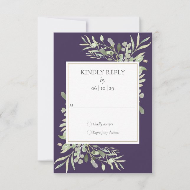 Purple Watercolor Greenery Wedding RSVP (Front)