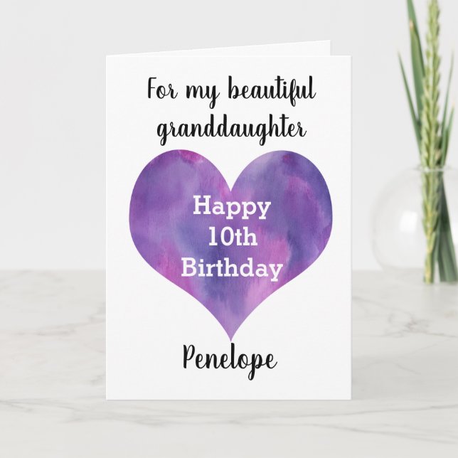 Purple Watercolor Heart 10th Birthday Card (Front)
