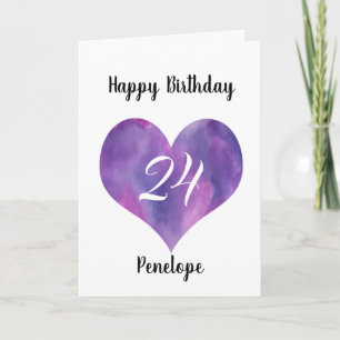 Purple Watercolor Heart 24th Birthday  Card