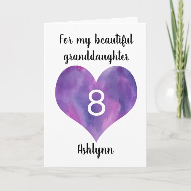 Purple Watercolor Heart 8th Birthday Card (Front)