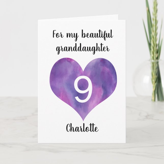 Purple Watercolor Heart 9th Birthday Card (Front)