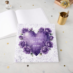 Purple Watercolor Heart and Roses Wedding Guest Book