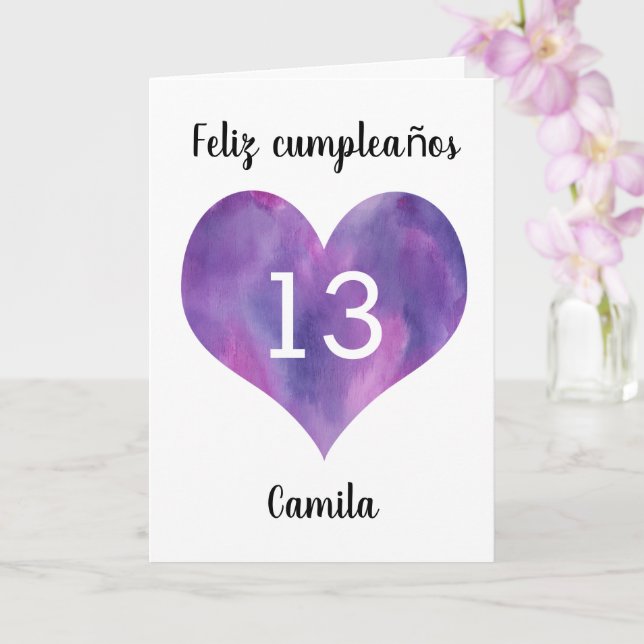 Purple Watercolor Heart Spanish 13th Birthday Card (Orchid)