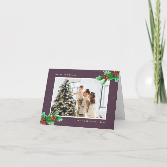 Purple Watercolor Holly Photo Merry Christmas Card (Front)