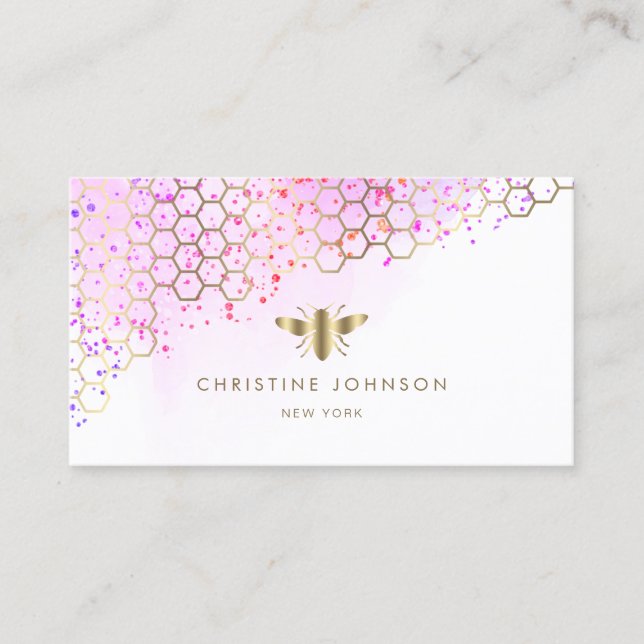 purple watercolor honeycomb faux gold foil bee business card (Front)