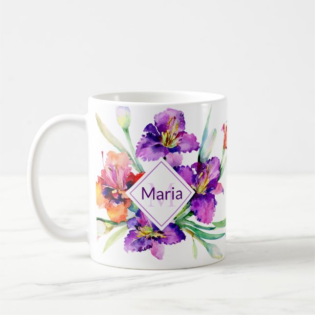 Purple watercolor Iris personalised Coffee Mug (Left)