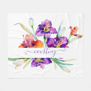 Purple watercolor Iris personalised  Fleece Blanket