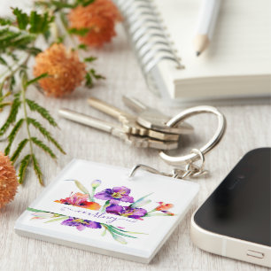 Purple watercolor Iris personalised Key Ring