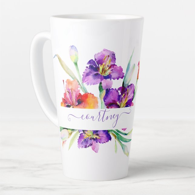Purple watercolor Iris personalised  Latte Mug (Left Angle)