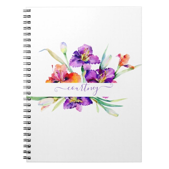 Purple watercolor Iris personalised  Notebook (Front)