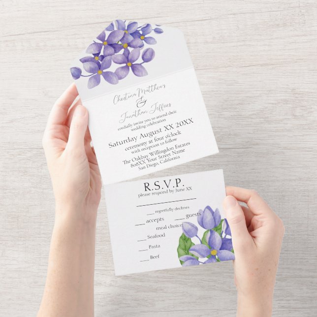 Purple Watercolor Lilac Flowers All In One Invitation (Tearaway)