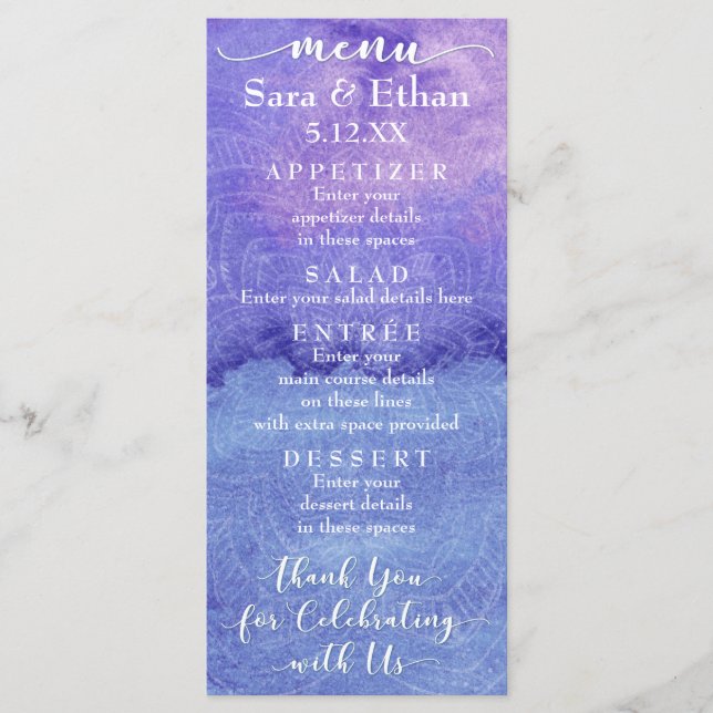 Purple Watercolor Mandala Wedding Menu Card (Front)