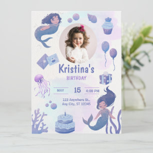 Purple Watercolor Mermaid Birthday Invitation