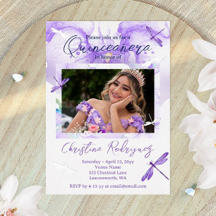 Purple Watercolor Orchid, Dragonfly Quinceanera