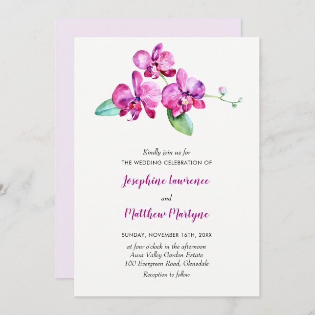 Purple Watercolor Orchid Floral Wedding Invitation (Front/Back)