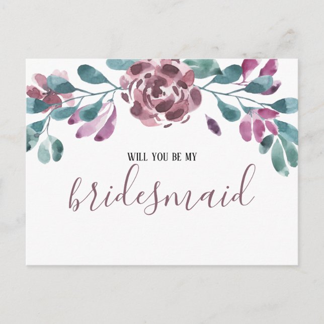 Purple Watercolor Peony Bridesmaid  Invitation Postcard (Front)