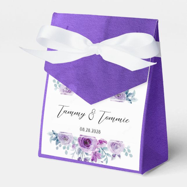 Purple Watercolor Peony Flowers Wedding Custom Favour Box (Front Side)