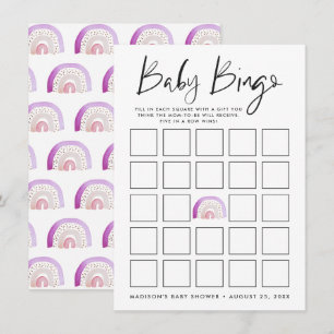 Purple Watercolor Rainbow Baby Shower Bingo Card