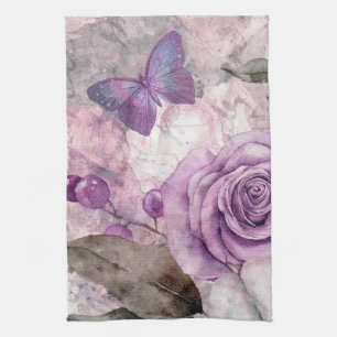 Purple Watercolor Rose and Butterfly Tea Towel