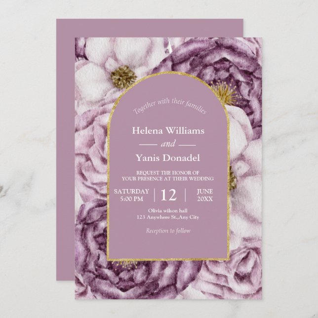 Purple Watercolor Rose & Gold Arch  Invitation (Front/Back)